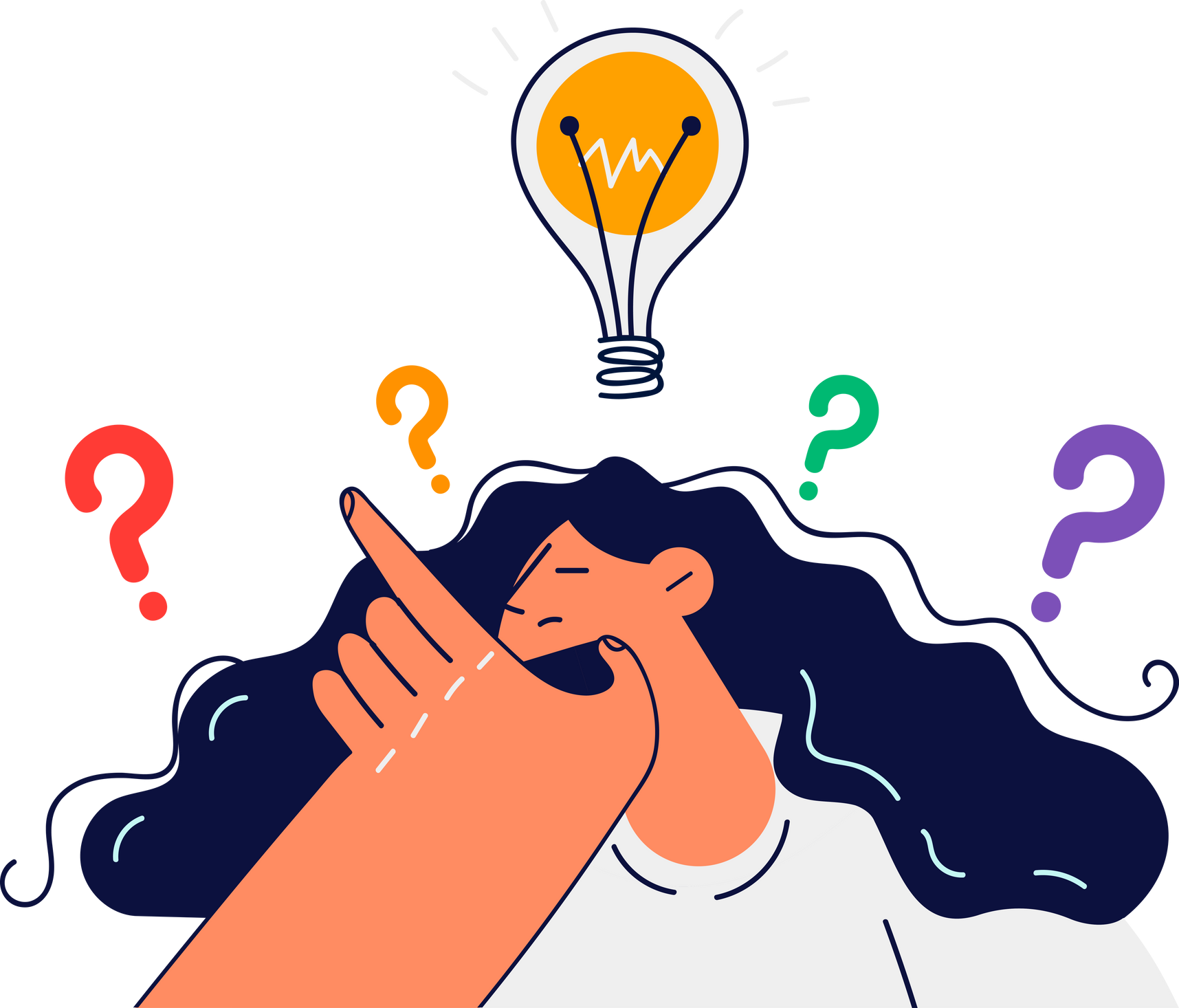 Pensive woman with lightbulb above head