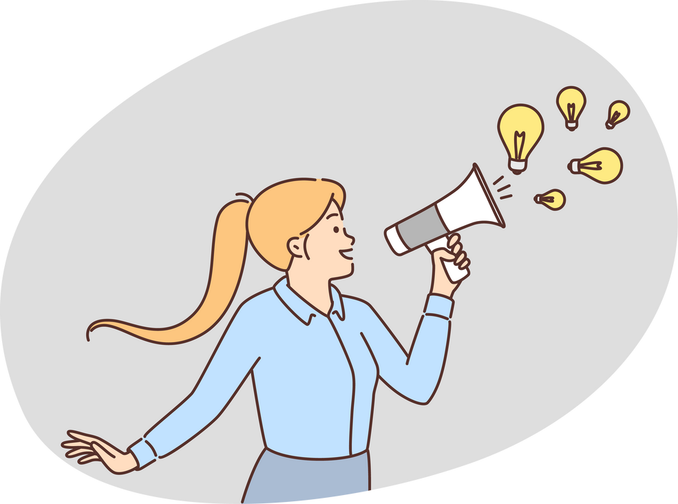 Smiling businesswoman with megaphone generate business ideas